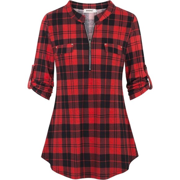 Women's Floral 3/4 Sleeve Shirts Zip up V Neck Work Chiffon Blouses Top - Picture 1 of 5